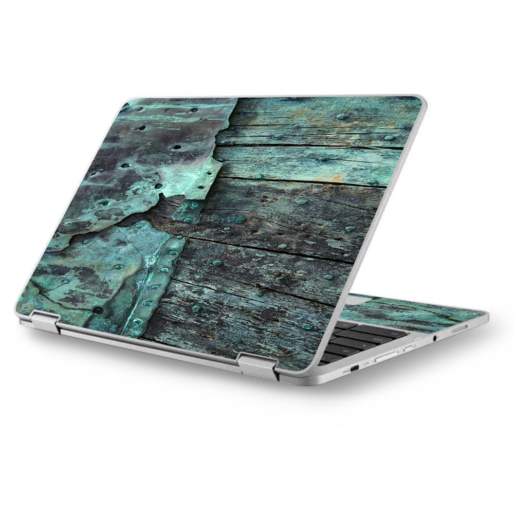  Patina Metal And Wood Blue Asus Chromebook Flip 12.5" Skin