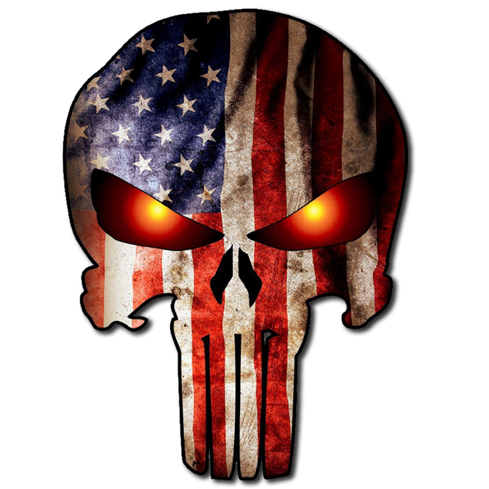 Punisher Skull Military American Flag Eyes Glow Burning Sticker Decal Large 8" Sticker 
