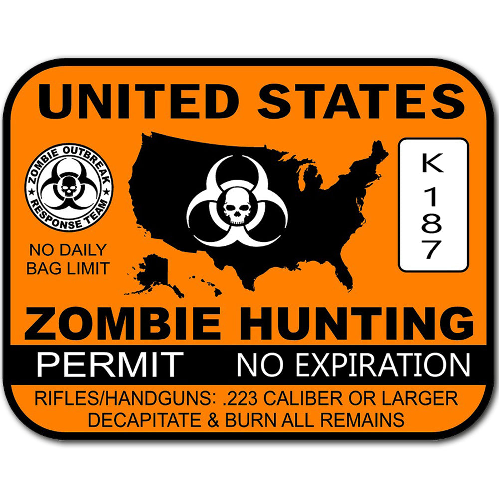 U.S. Zombie Hunting Permit Sticker Zombies Apocalypse Dead Large 8" Sticker 