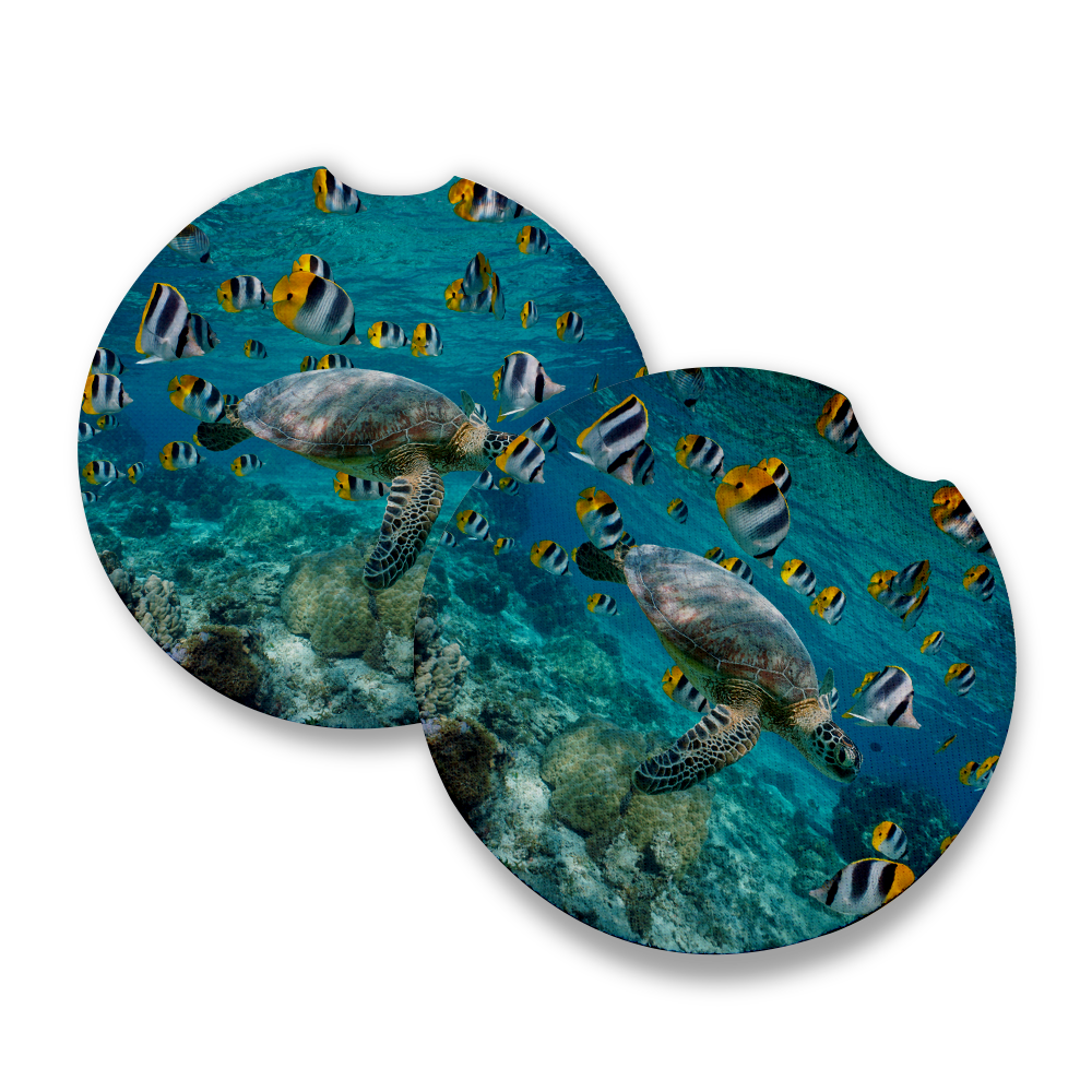 Sea Turtle with Sickle Butterflyfish Car Coaster