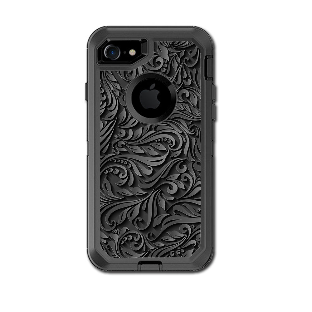  Black Flowers Floral Pattern Otterbox Defender iPhone 7 or iPhone 8 Skin