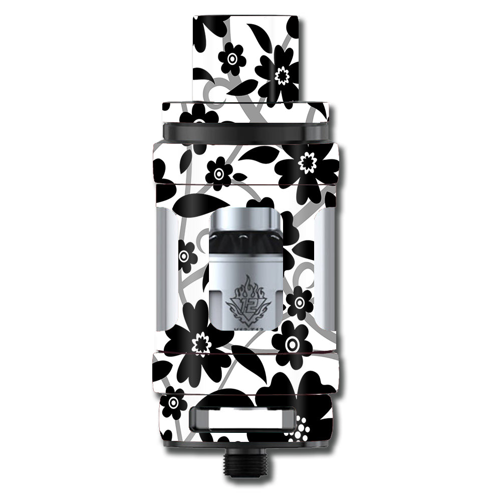  Black White Flower Print Smok TFV12 Tank Skin
