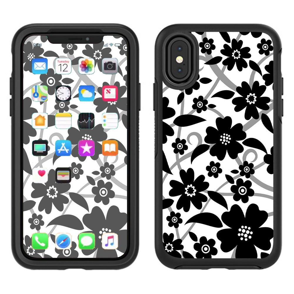  Black White Flower Print Otterbox Defender Apple iPhone X Skin