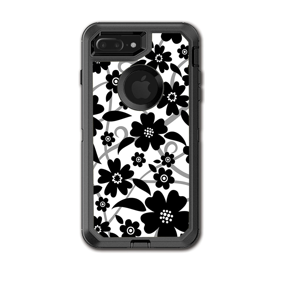  Black White Flower Print Otterbox Defender iPhone 7+ Plus or iPhone 8+ Plus Skin