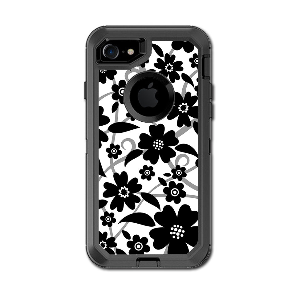  Black White Flower Print Otterbox Defender iPhone 7 or iPhone 8 Skin