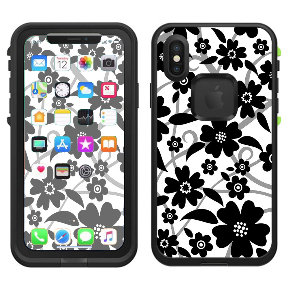  Black White Flower Print Lifeproof Fre Case iPhone X Skin
