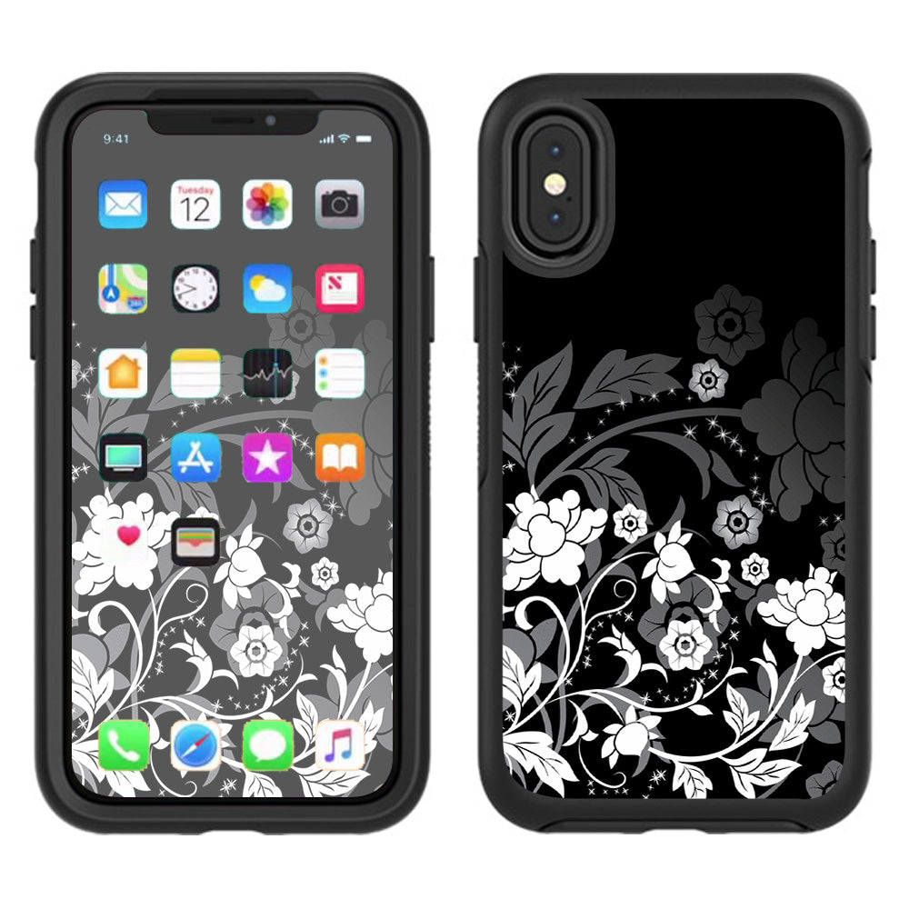  Black Floral Pattern Otterbox Defender Apple iPhone X Skin