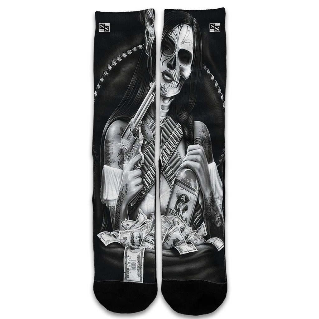  Skull Girl Gangster, Day Of The Dead Universal Socks