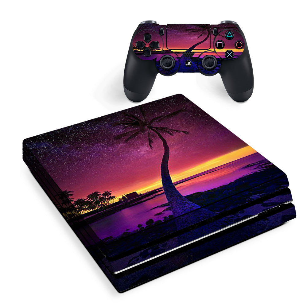 Skin Decal Vinyl Wrap For Playstation Ps4 Pro Console & Controller Stickers Skins Cover/ Palm Tree Stars And Sunset Purple Sony PS4 Pro Skin