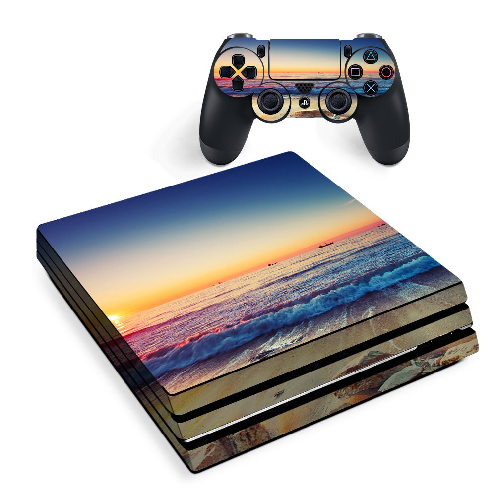 Skin Decal Vinyl Wrap For Playstation Ps4 Pro Console & Controller Stickers Skins Cover/ Beach Tide Water Rocks Sunset Sony PS4 Pro Skin