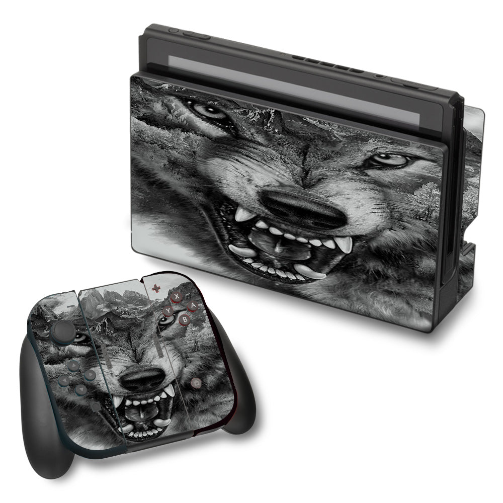  Angry Wolf Growling Mountains Nintendo Switch Skin