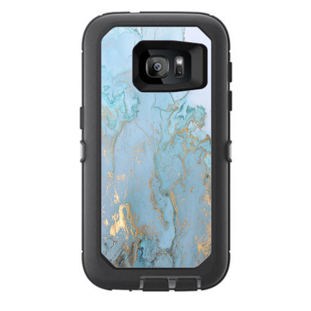  Teal Blue Gold White Marble Granite Otterbox Defender Samsung Galaxy S7 Skin
