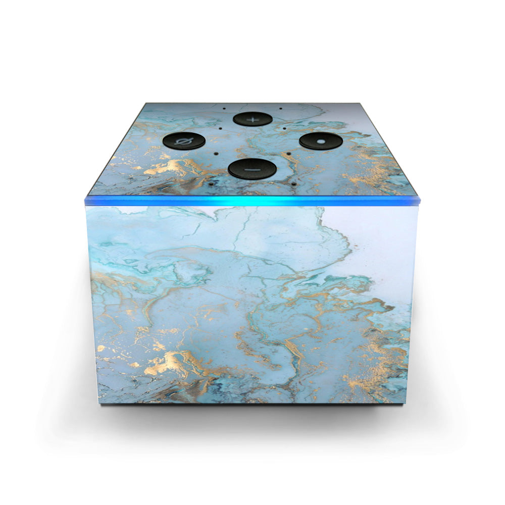  Teal Blue Gold White Marble Granite Amazon Fire TV Cube Skin