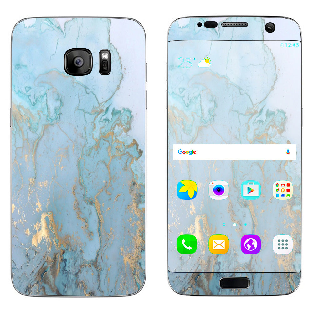  Teal Blue Gold White Marble Granite Samsung Galaxy S7 Edge Skin