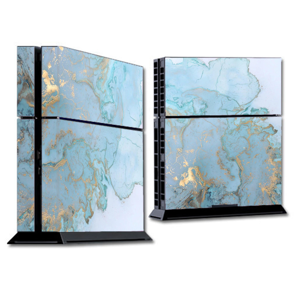  Teal Blue Gold White Marble Granite Sony Playstation PS4 Skin