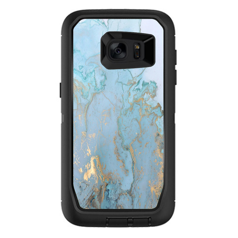  Teal Blue Gold White Marble Granite Otterbox Defender Samsung Galaxy S7 Edge Skin