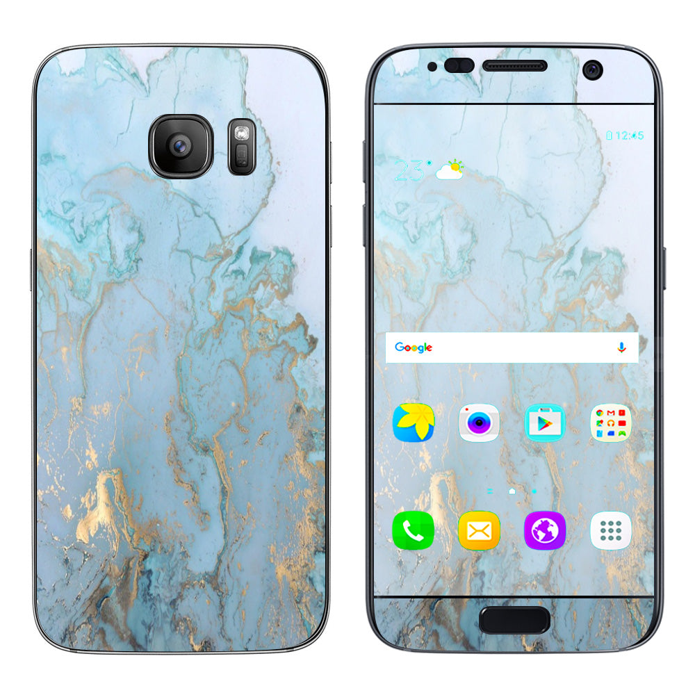  Teal Blue Gold White Marble Granite Samsung Galaxy S7 Skin