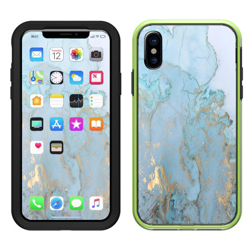  Teal Blue Gold White Marble Granite Lifeproof Slam Case iPhone X Skin