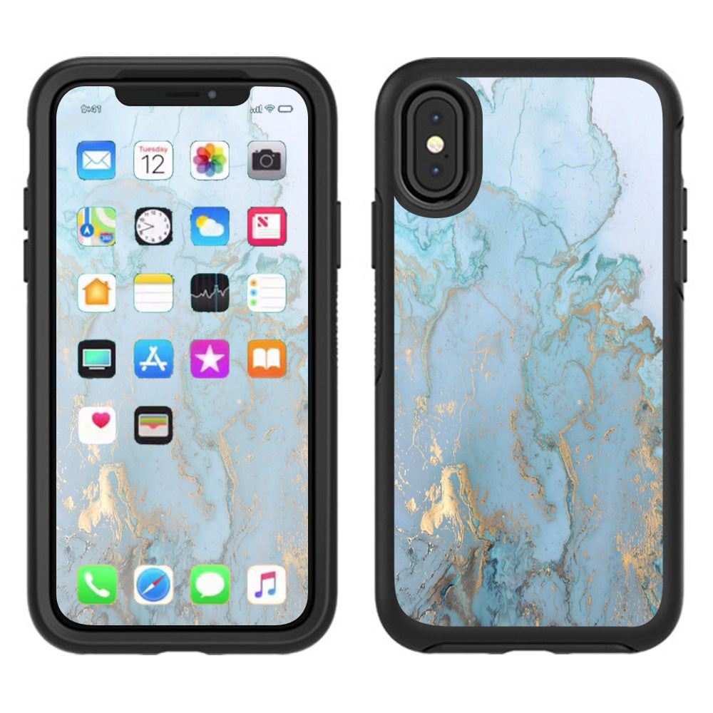  Teal Blue Gold White Marble Granite Otterbox Defender Apple iPhone X Skin