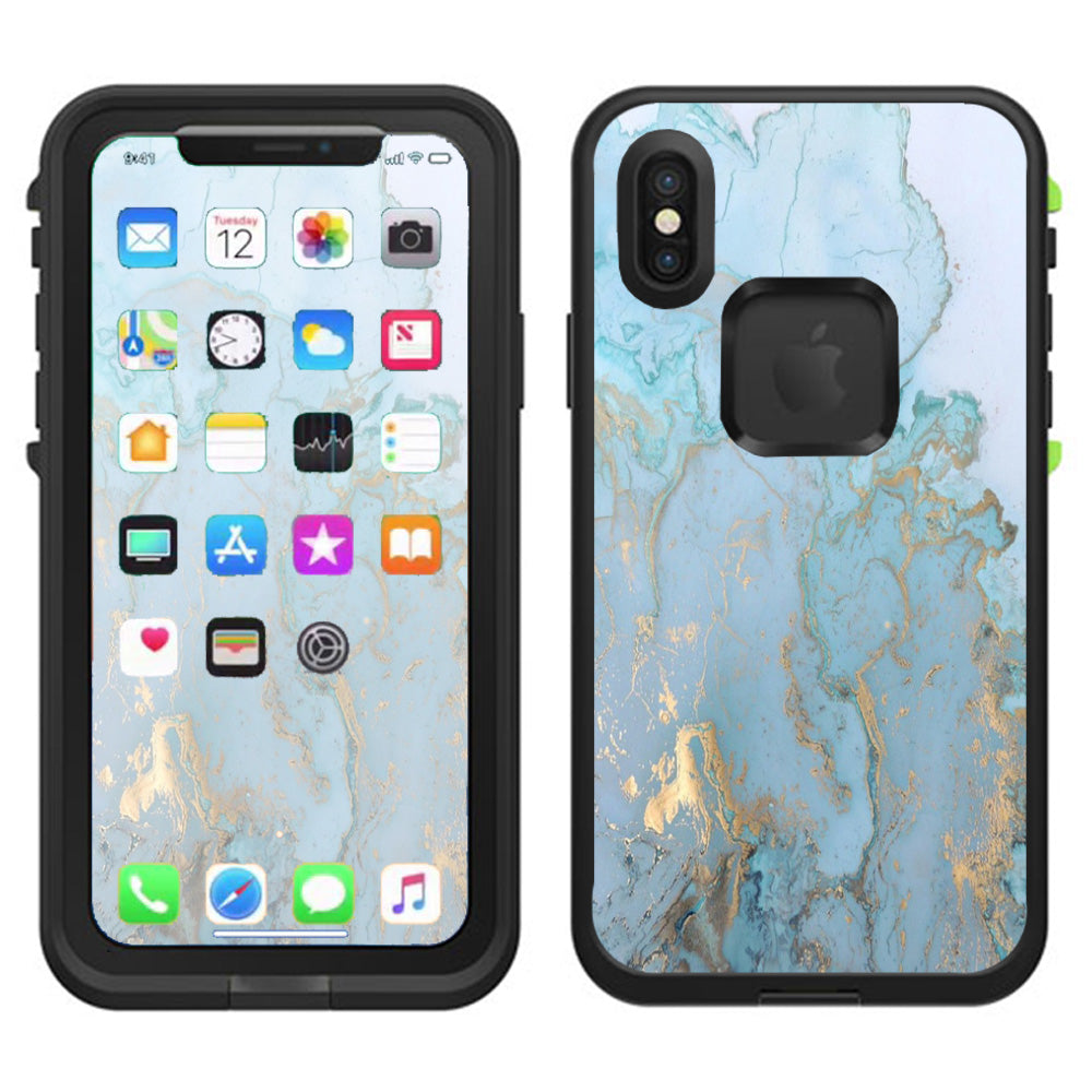  Teal Blue Gold White Marble Granite Lifeproof Fre Case iPhone X Skin