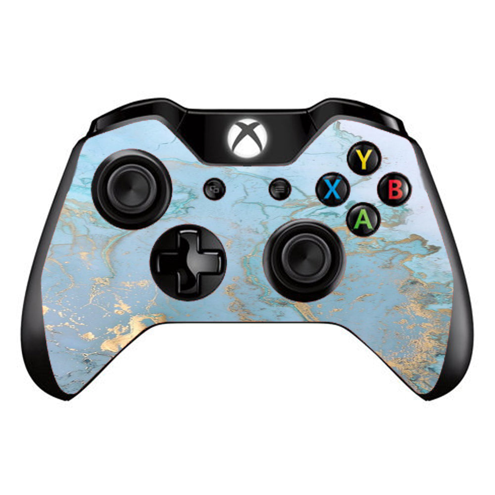  Teal Blue Gold White Marble Granite Microsoft Xbox One Controller Skin