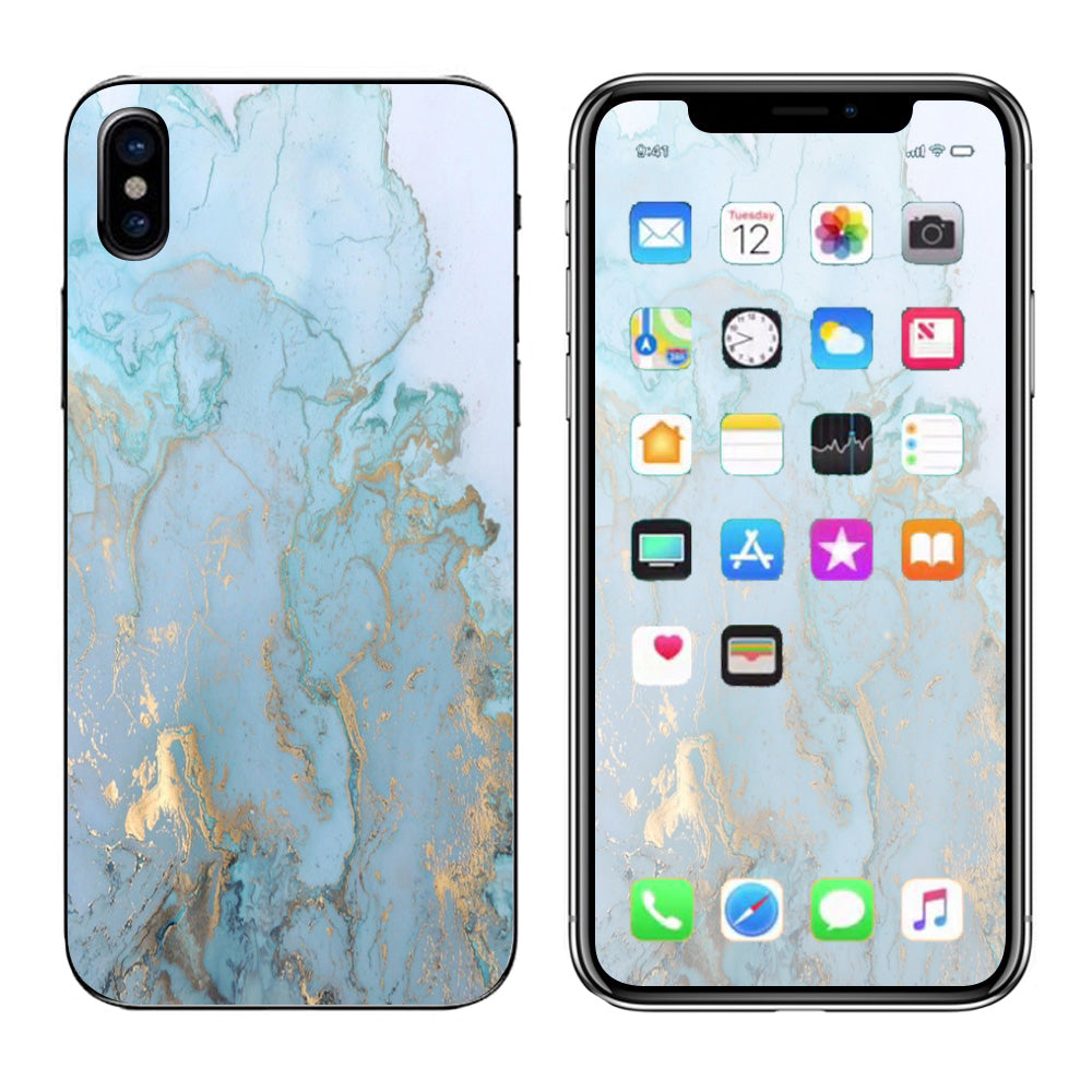  Teal Blue Gold White Marble Granite Apple iPhone X Skin