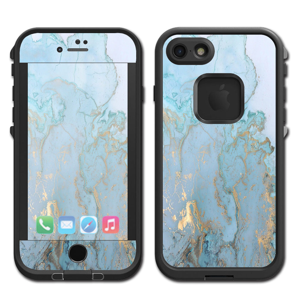  Teal Blue Gold White Marble Granite Lifeproof Fre iPhone 7 or iPhone 8 Skin