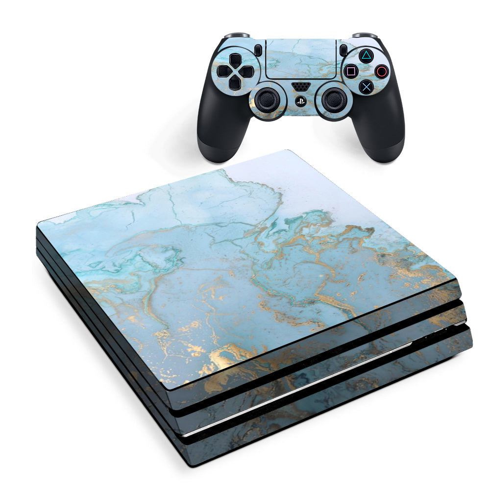 Teal Blue Gold White Marble Granite Sony PS4 Pro Skin