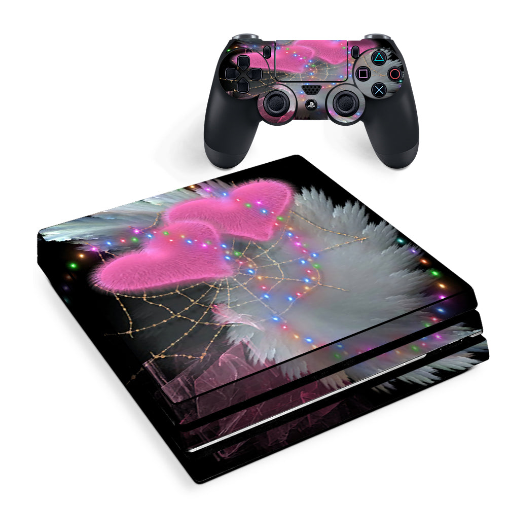 Mystic Pink Hearts Feathers Sony PS4 Pro Skin