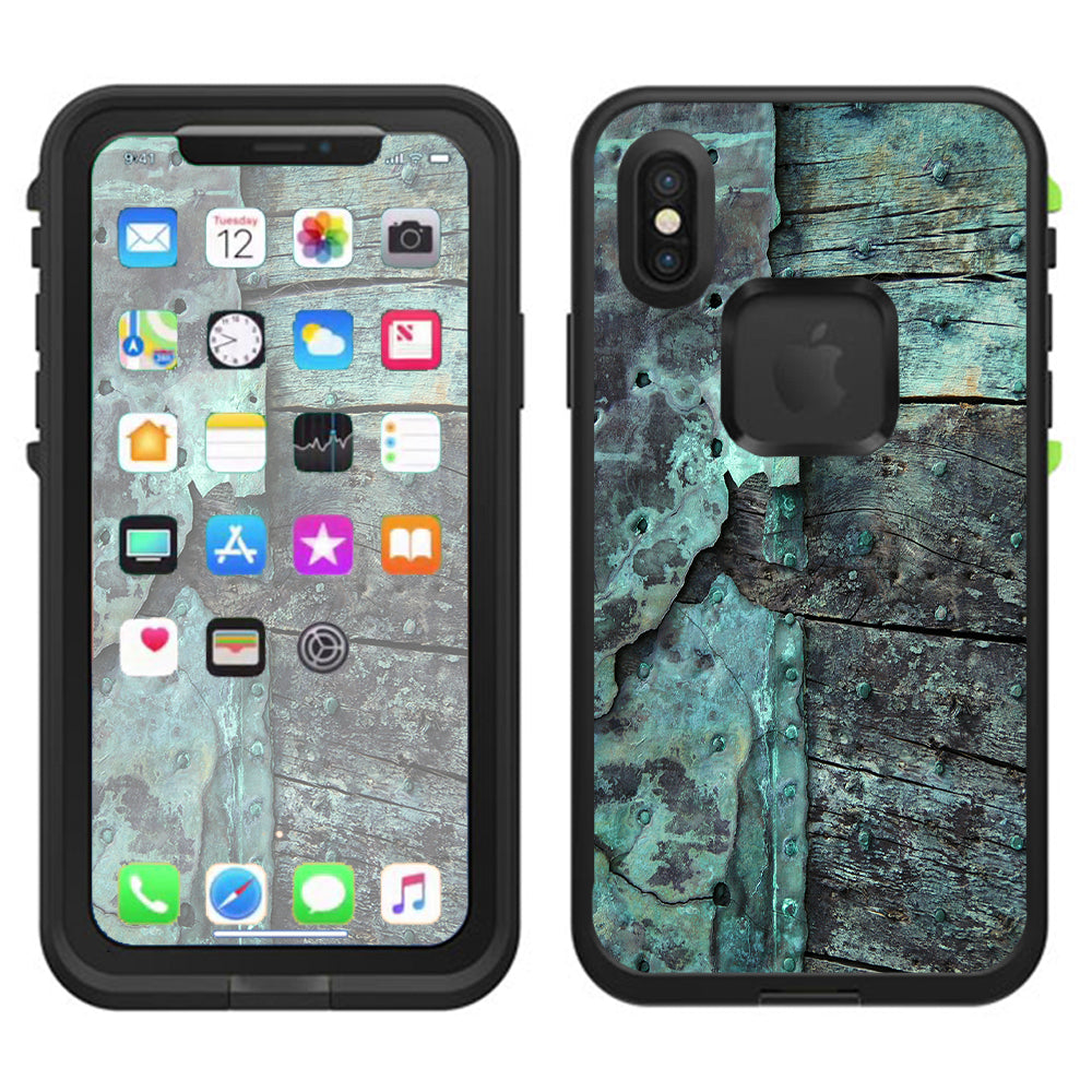  Patina Metal And Wood Blue Lifeproof Fre Case iPhone X Skin