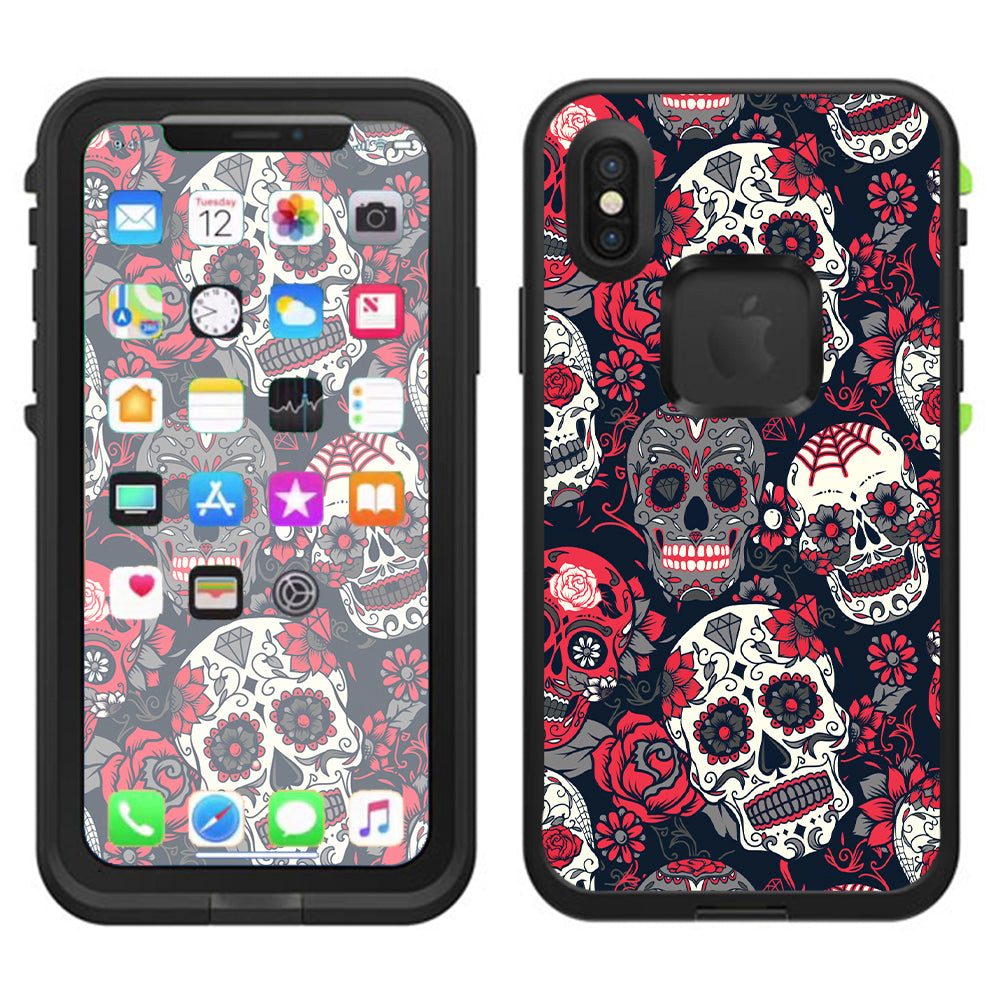  Sugar Skulls Red Black Dia De Los Lifeproof Fre Case iPhone X Skin