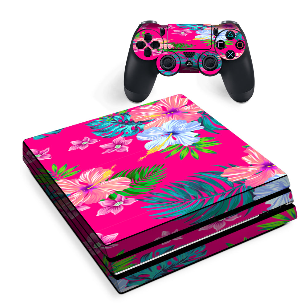 Pink Neon Hibiscus Flowers Sony PS4 Pro Skin