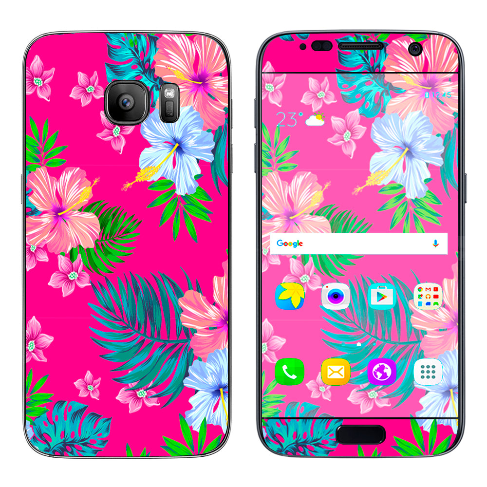 Pink Neon Hibiscus Flowers Samsung Galaxy S7 Skin