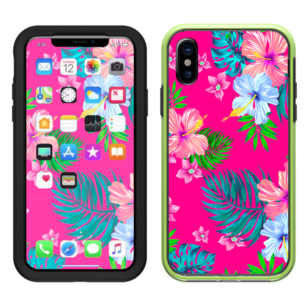  Pink Neon Hibiscus Flowers Lifeproof Slam Case iPhone X Skin