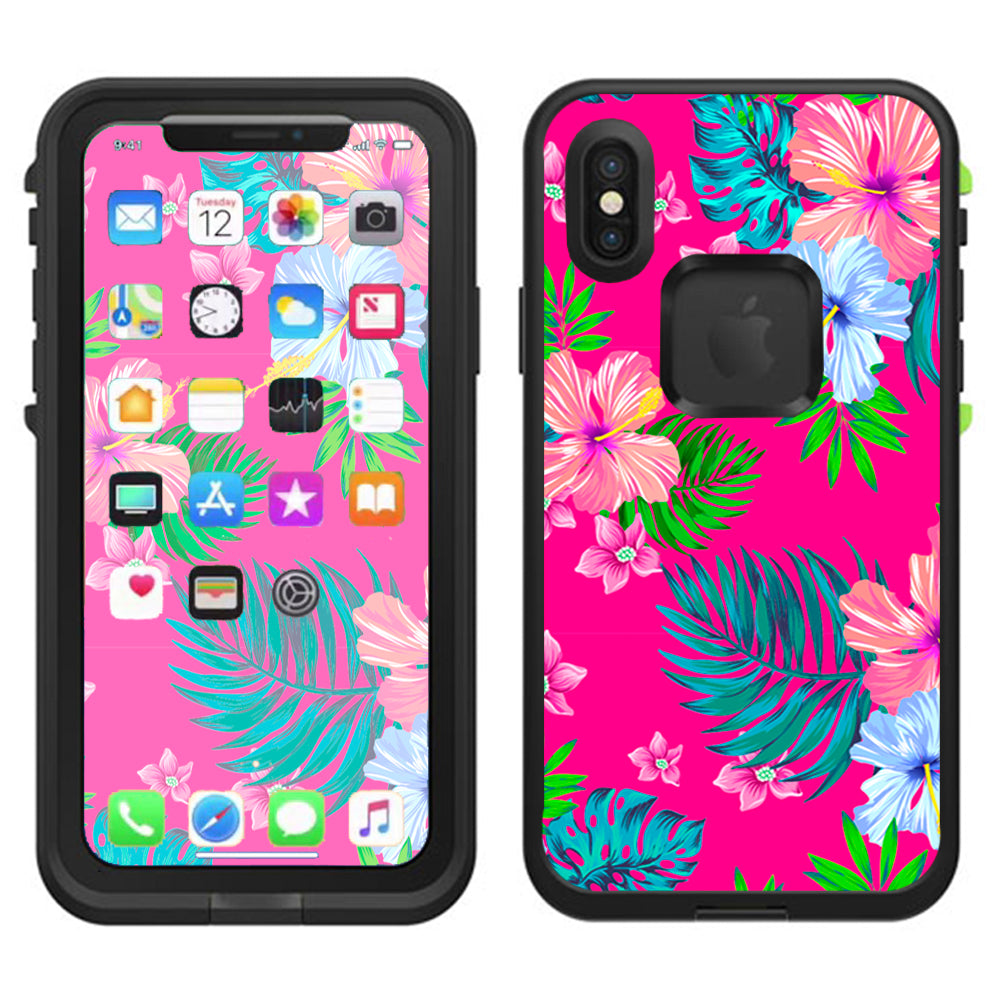  Pink Neon Hibiscus Flowers Lifeproof Fre Case iPhone X Skin
