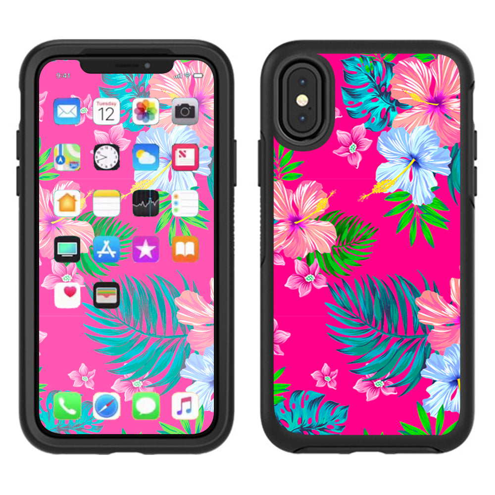  Pink Neon Hibiscus Flowers Otterbox Defender Apple iPhone X Skin