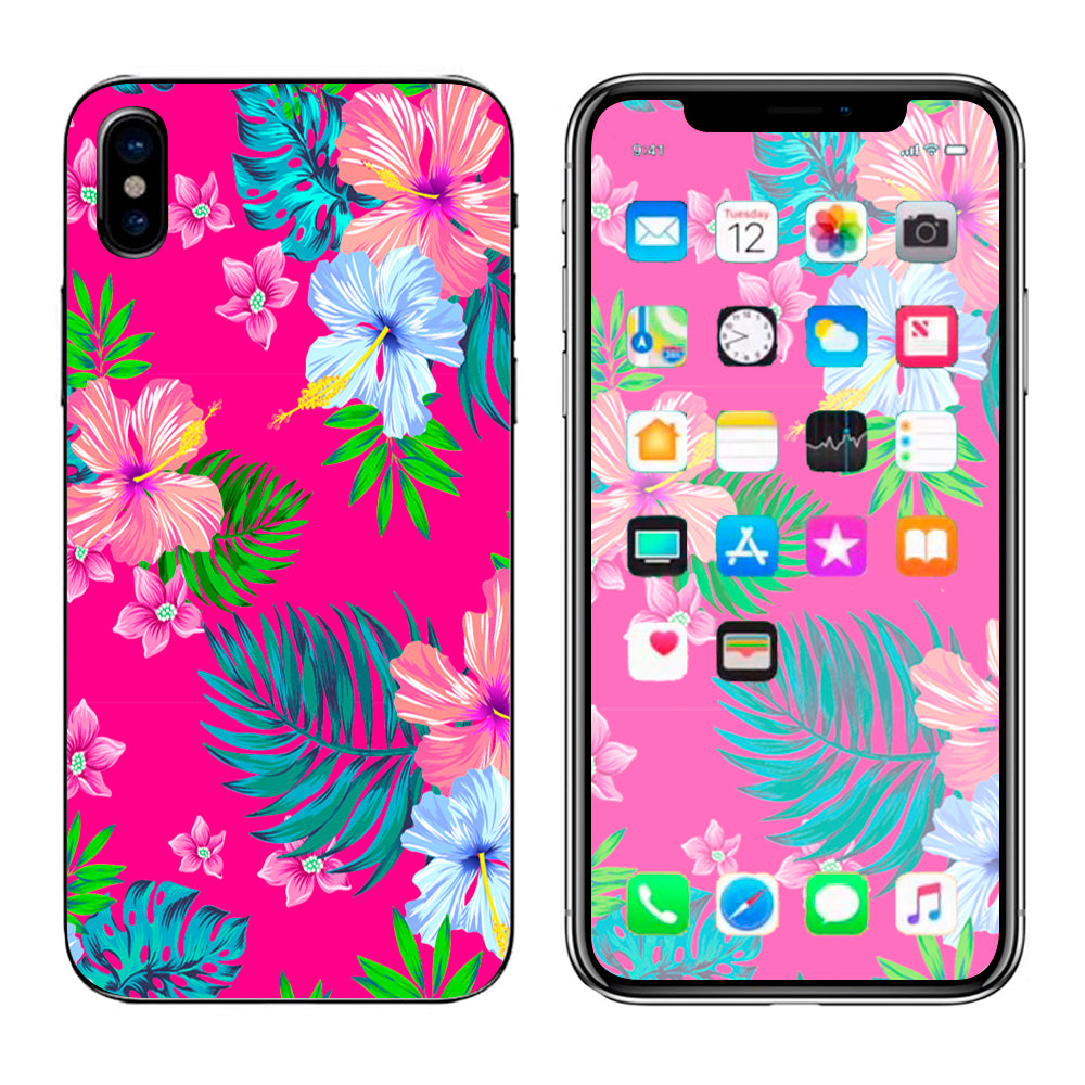  Pink Neon Hibiscus Flowers Apple iPhone X Skin
