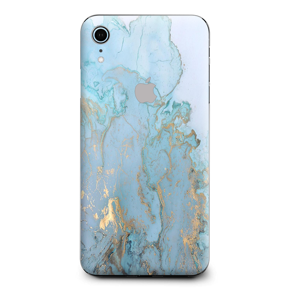 Teal Blue Gold White Marble Granite Apple iPhone XR Skin