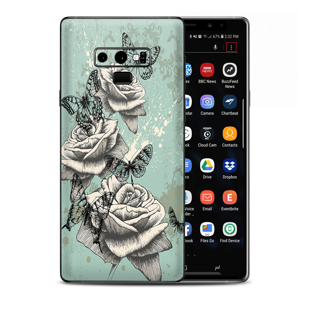 Butterflies Roses Teal Distressed Vintage Samsung Galaxy Note 9 Skin