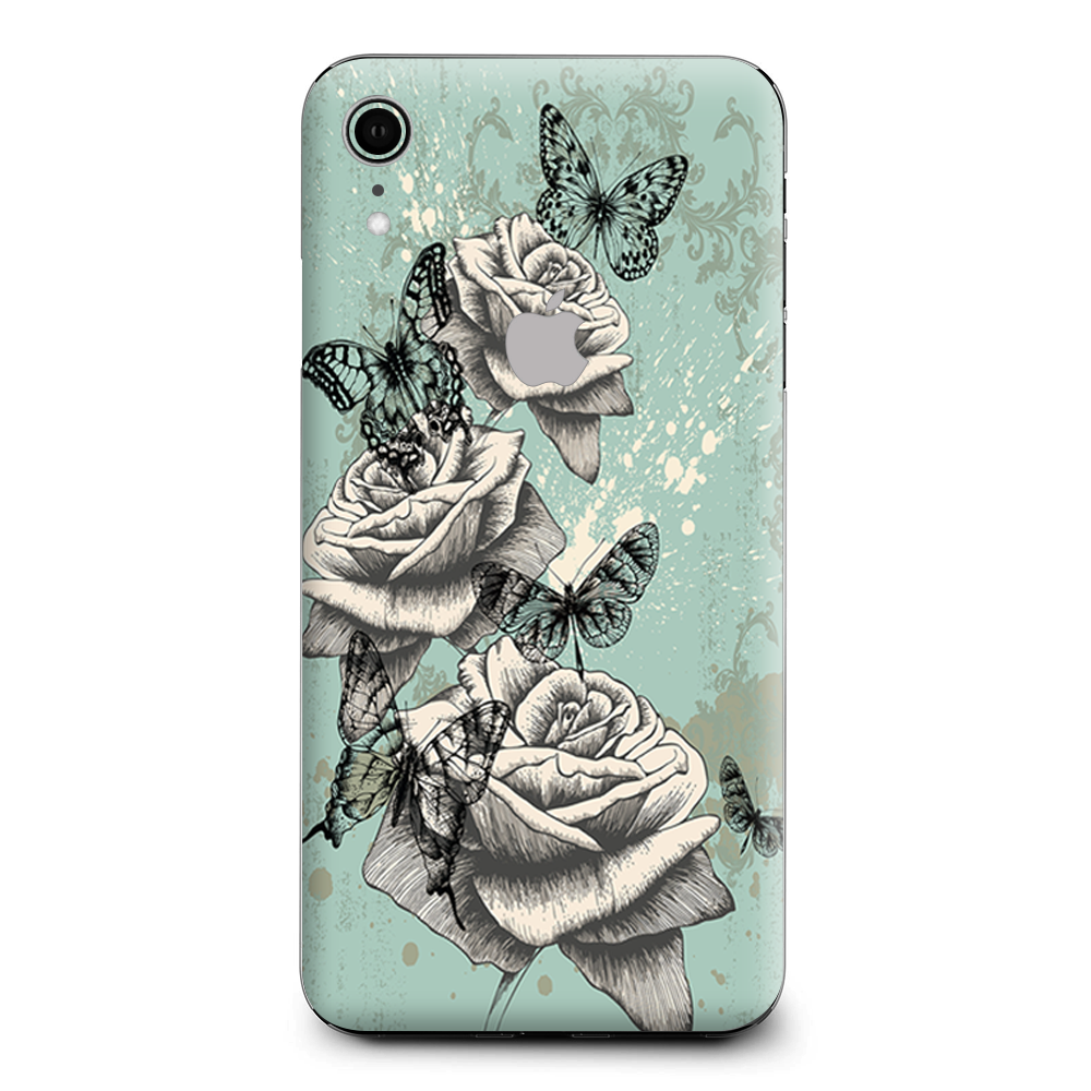 Butterflies Roses Teal Distressed Vintage Apple iPhone XR Skin
