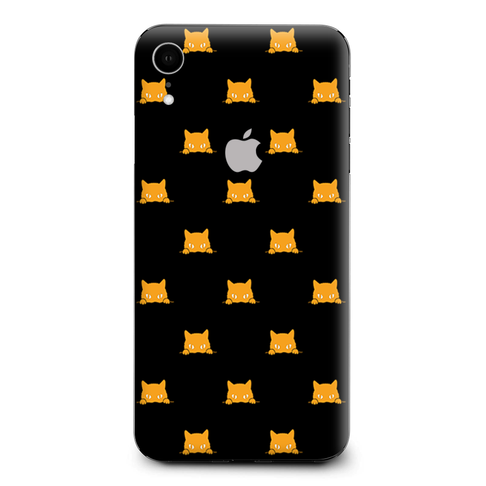 Sneaky Cat Kitten Pattern Gold On Black Apple iPhone XR Skin