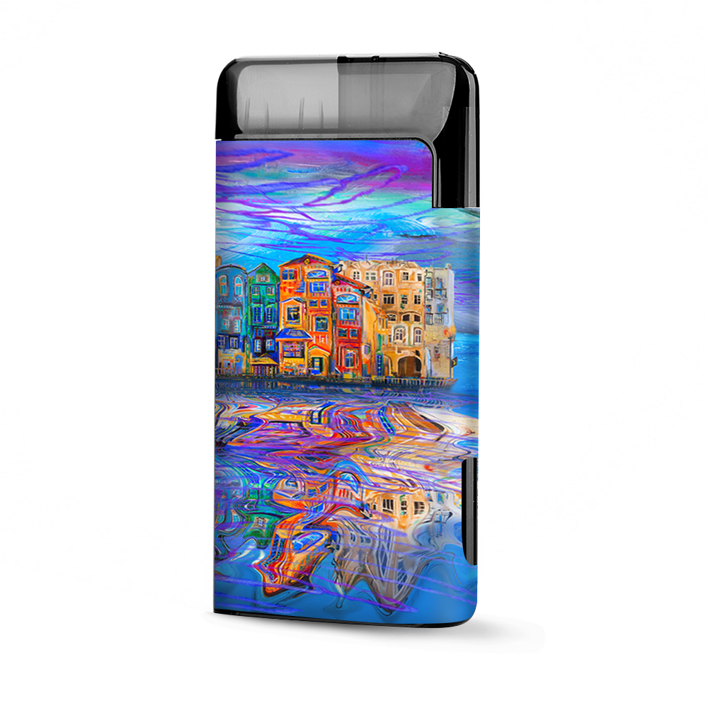 Colorful Oil Painting Water Reflection Town Homes