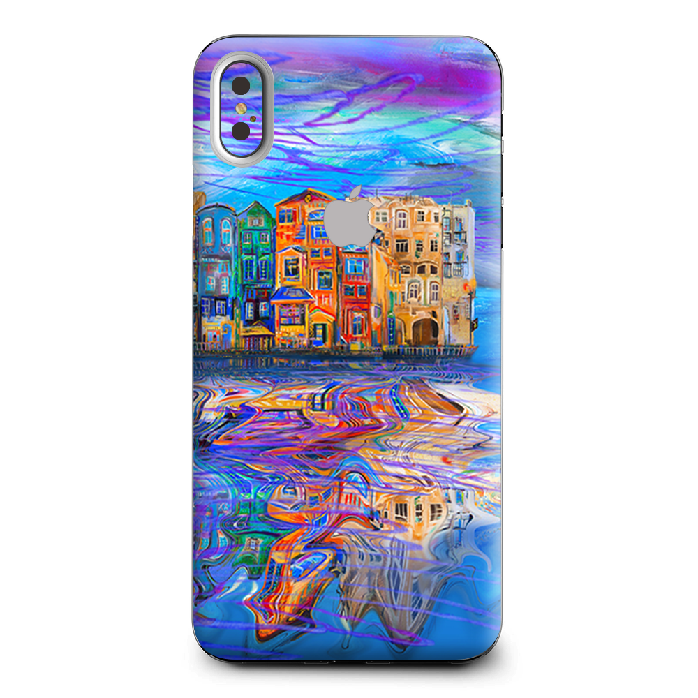 Colorful Oil Painting Water Reflection Town Homes Apple iPhone XS Max Skin